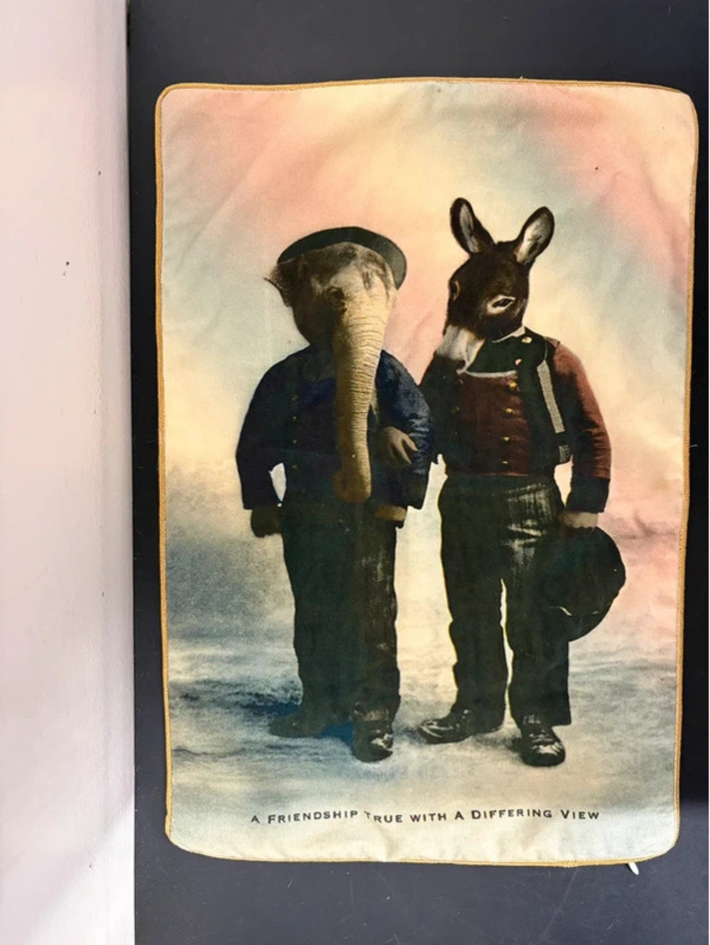Vtg Pillow Cover Elephant & Donkey Friendship True with Differing View